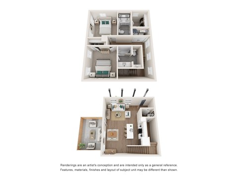 Floor plan for 2 beds, 2.5 baths, 1296 sqft